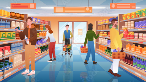 People in aisle of supermarket or grocery store vector illustration. Cartoon man and woman consumers with trolley and baskets standing at shelves to choose food products, buyers characters read labels