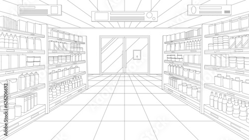 Canvas Print Supermarket or grocery store aisle, perspective sketch of interior vector illustration