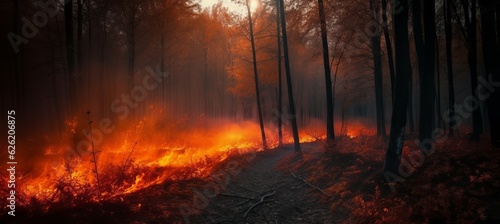Forest on fire background. Generative AI technology.