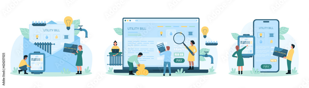 Utility bills payment set vector illustration. Cartoon tiny people pay money for consumption of electricity, gas and water supply, heating using mobile apps in phone and laptop, paper receipt