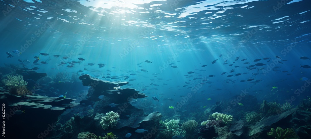Underwater seascape background. Generative AI technology.	