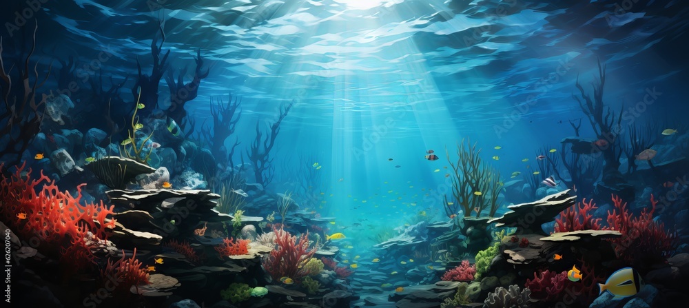 Fototapeta premium Ocean underwater sea reef background. Generative AI technology.