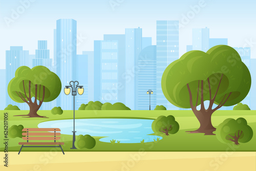 City park in summer vector illustration. Cartoon downtown landscape panorama with wooden bench on public alley and street lamp, pond and green trees on lawn, blue sky and skyscrapers on horizon