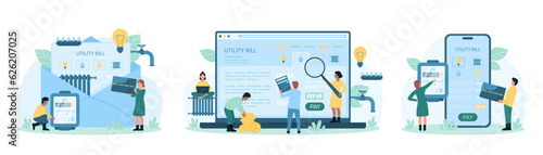 Utility bills payment set vector illustration. Cartoon tiny people pay money for consumption of electricity, gas and water supply, heating using mobile apps in phone and laptop, paper receipt