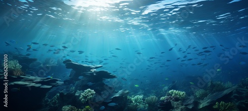 Underwater seascape background. Generative AI technology. 