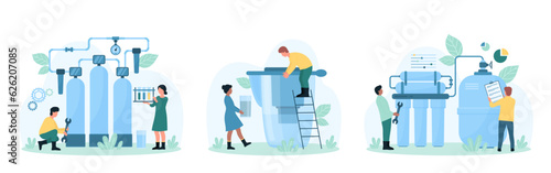 Water purification set vector illustration. Cartoon tiny people repair water treatment facility, test quality of reverse osmosis filtration, installation and inspection of huge filters by engineers