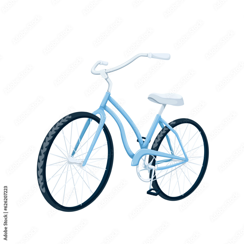 Bike vector illustration. Cartoon isolated bicycle for family ride, travel and sport fast modern individual vehicle for kids and adults, bike with two wheels and pedals, handlebar and seat for cyclist