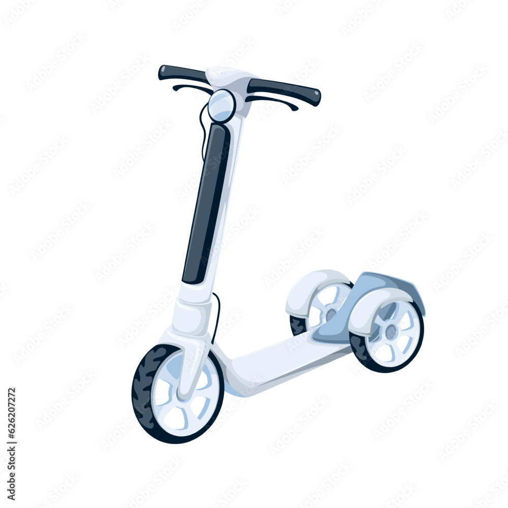Scooter with three wheels vector illustration. Cartoon isolated kick or electric scooter for summer sport activity, push vehicle for baby kids training, scooter for playing of active girl or boy Scooter with three wheels vector illustration. Cartoon isolated kick or electric scooter for summer sport activity, push vehicle for baby kids training, scooter for playing of active girl or boy