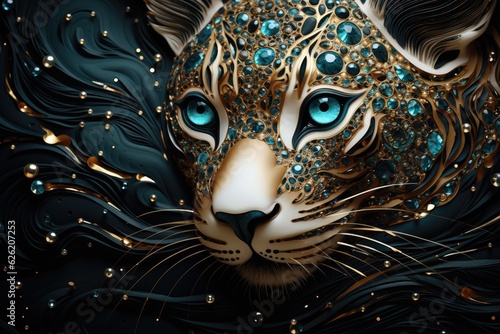 a beautiful leopard's face made of cyan crystals.
