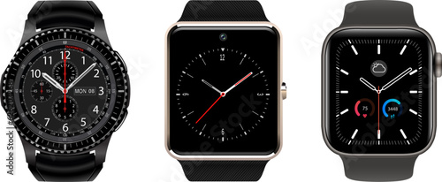 Smartwatch collection, realistic wrist watches isolated on white
