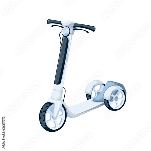 Scooter with three wheels vector illustration. Cartoon isolated kick or electric scooter for summer sport activity, push vehicle for baby kids training, scooter for playing of active girl or boy