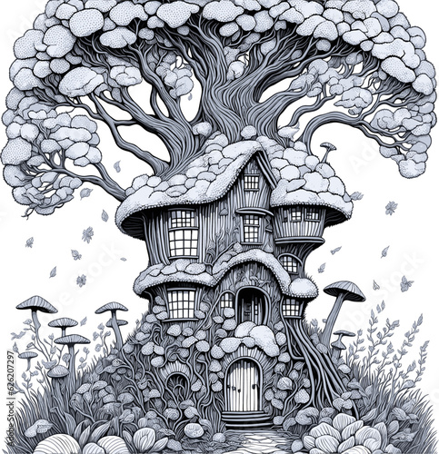 Black and white funny fantasy mushroom house, coloring book page, vector illustration.