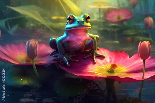 An adorable and charming illustration of a cute frog sitting on a lily pad in a serene lake or pond  capturing the tranquility and beauty of nature. Ai generated