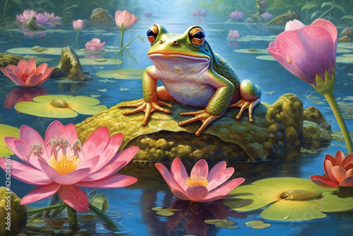 An adorable and charming illustration of a cute frog sitting on a lily pad in a serene lake or pond  capturing the tranquility and beauty of nature. Ai generated