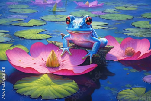 An adorable and charming illustration of a cute frog sitting on a lily pad in a serene lake or pond, capturing the tranquility and beauty of nature. Ai generated