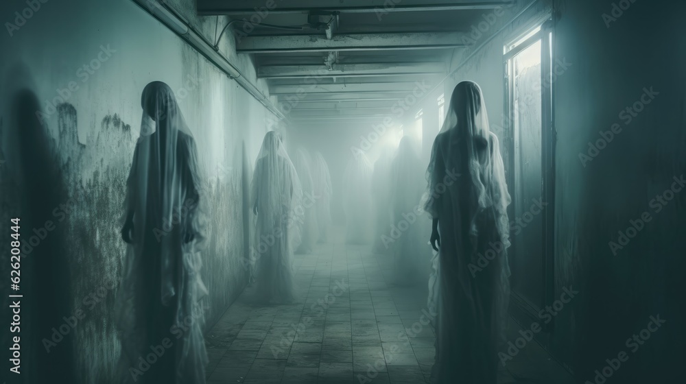 Dilapidated hospital hallway with ghostly apparitions. Halloween concept for haunted attraction organizer, horror movie poster designer, event planner. - obrazy, fototapety, plakaty 