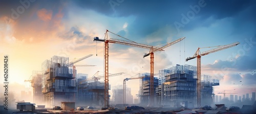 High-rise resident building construction sites and tower cranes. Generative AI technology.