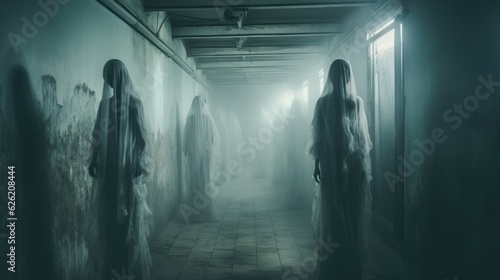 Dilapidated hospital hallway with ghostly apparitions. Halloween concept for haunted attraction organizer, horror movie poster designer, event planner.