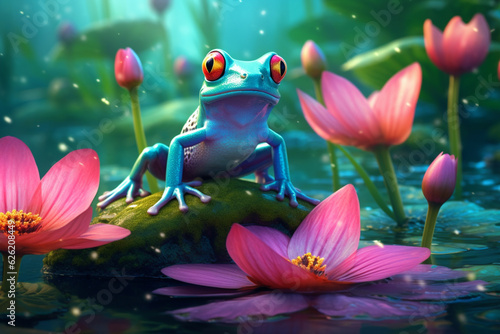 An adorable and charming illustration of a cute frog sitting on a lily pad in a serene lake or pond, capturing the tranquility and beauty of nature. Ai generated