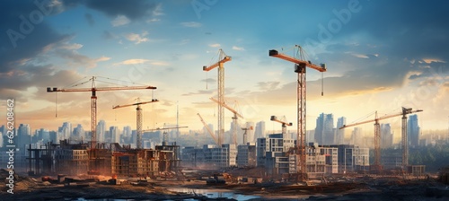 Under building construction sites and tower cranes. Generative AI technology.