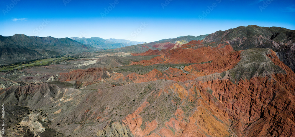 Aerial view of the colorful hiking area Quebrada de las Señoritas in Jujuy, Argentina - Traveling and exploring the beautiful sights of South America Aerial view of the colorful hiking area Quebrada de las Señoritas in Jujuy, Argentina - Traveling and exploring the beautiful sights of South America