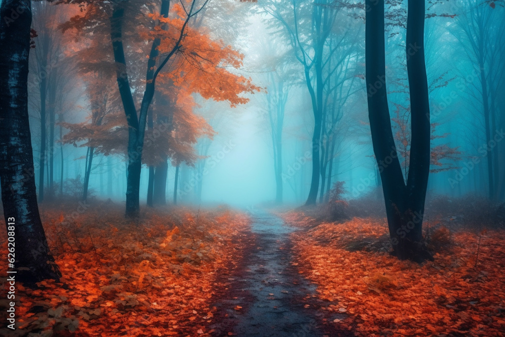 Mesmerizing scene of a mystical forest, enveloped in ethereal blue fog and with vibrant yellow leaves during the enchanting season of autumn. Ai generated
