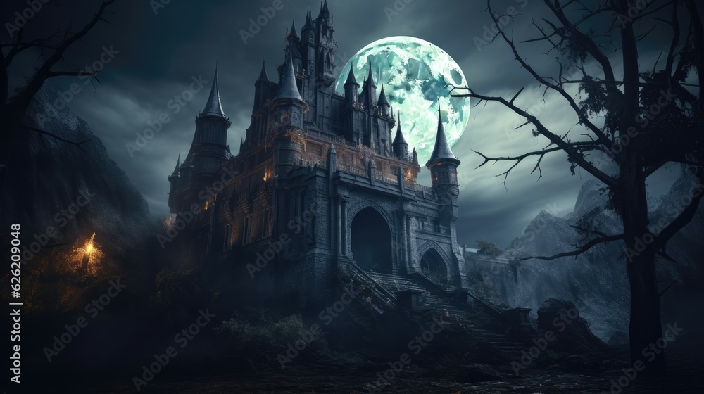 Moonlight casts shadows on a decrepit castle. Halloween concept for event planner, party venue, fantasy book cover designer.