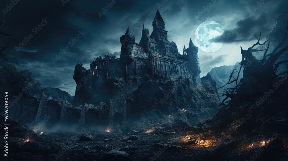 Fototapeta premium Moonlight casts shadows on a decrepit castle. Halloween concept for event planner, party venue, fantasy book cover designer.