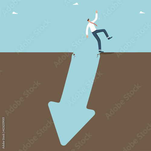 High riskiness of investments, financial difficulties, decline in the value of a business or shares, defeat and failure, economic crisis, losing strategy, man falls into hole in form of an arrow down.