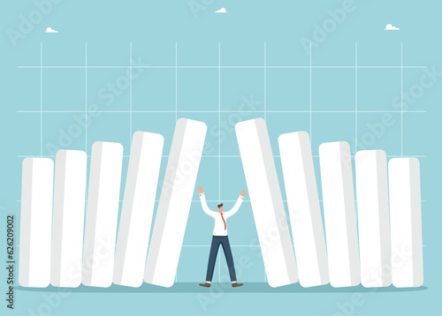 Financial difficulties, economic crisis or recession, high investment riskiness, stock market crash, business failure and loss of cash, inflation and bankruptcy, graph bars fall on man from both sides