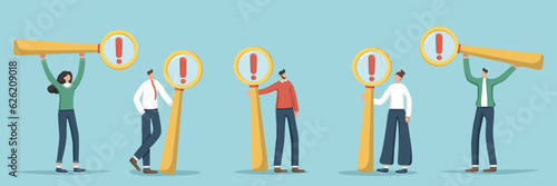 Set of illustrations of random people holding magnifying glasses with an exclamation mark. Concept of solving difficult situations and deadlines. Answers on questions. Reminders of important events.