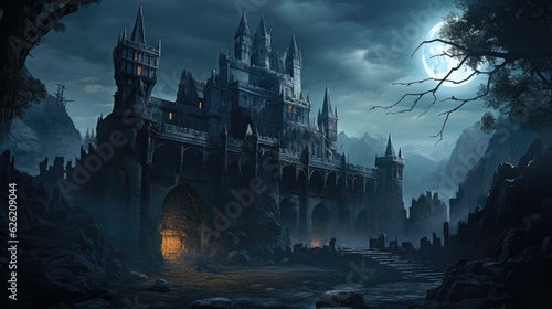 Moonlight casts shadows on a decrepit castle. Halloween concept for event planner, party venue, fantasy book cover designer. © Kanisorn