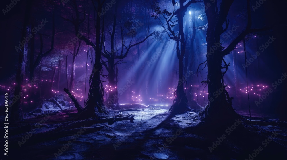 Fototapeta premium Spooky forest illuminated by glowing spirits. Halloween concept for nature resort, spiritual retreat, enchanted forest-themed event.
