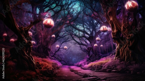Spooky forest illuminated by glowing spirits. Halloween concept for nature resort  spiritual retreat  enchanted forest-themed event.