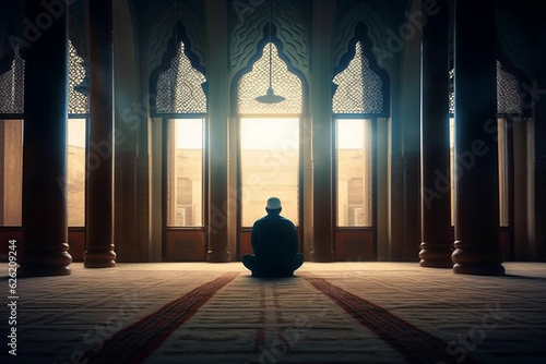 A powerful scene of a devout Muslim man deep in prayer, connecting with his faith inside a mosque, as the sunrays illuminate the sacred space, creating a profound spiritual ambiance. Ai generated