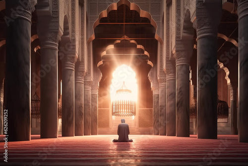 A powerful scene of a devout Muslim man deep in prayer, connecting with his faith inside a mosque, as the sunrays illuminate the sacred space, creating a profound spiritual ambiance. Ai generated