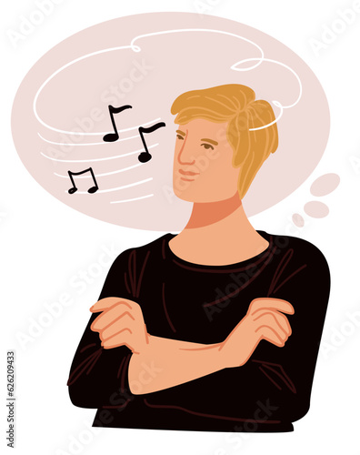 Man thinking of music notes, composer in thoughts