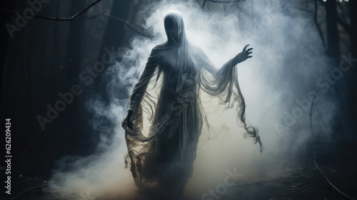 Wisps of fog dance around a spectral figure. Halloween concept for haunted maze operator, theater production, horror-themed escape room.