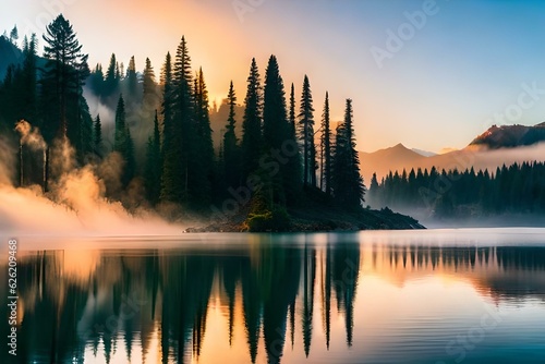 sunrise in the mountains and lake ai generated