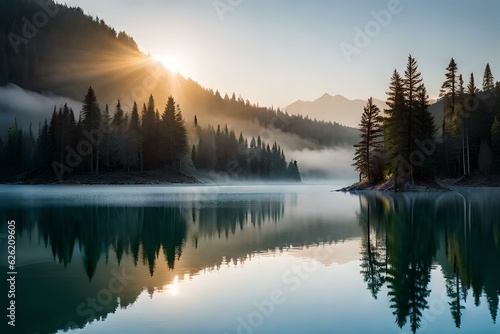 sunrise in the mountains and lake ai generated
