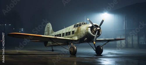 Small propeller plane at night airport. Generative AI technology.