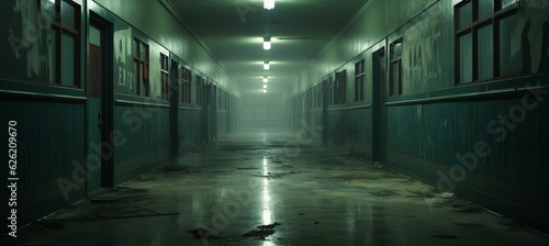 Haunted hospital corridor melancholic dark background. Generative AI technology.