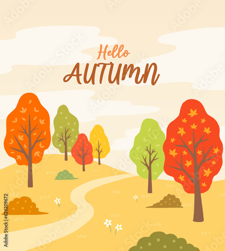 Autumn landscape illustration with maple trees and road , 단풍나무와 길이 있는 가을 풍경 일러스트