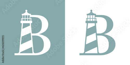 Logo Nautical. Icono de torre marítima en puerto. Letra inicial B con faro de luz