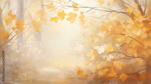 blurred background in autumn park foggy morning landscape with copy space. Generative AI