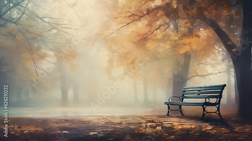 Foto a bench in an autumn park landscape in the morning fog and tranquility background with a copy of space