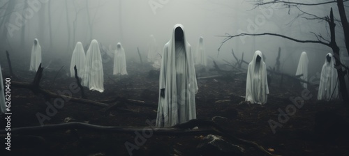 Creepy evil cult at haunted foggy forest background. Generative AI technology. photo