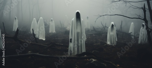 Creepy evil cult at haunted foggy forest background. Generative AI technology.