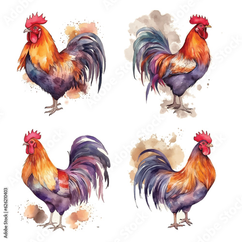 Rooster watercolor paint collection.