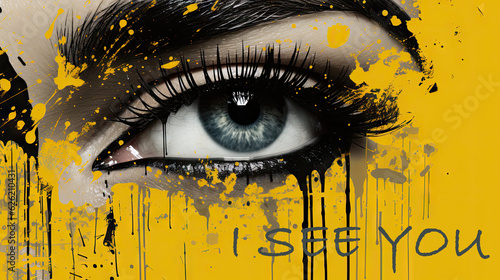 I see you. Close-up of woman eye with yellow paint splashes. Generative AI. photo